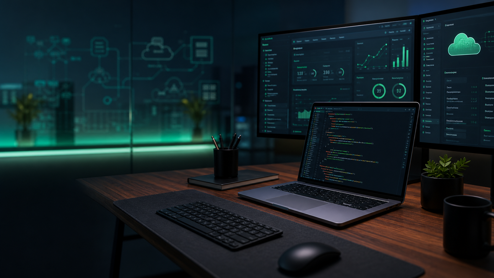 Developer workspace with laptop and multiple dashboard screens